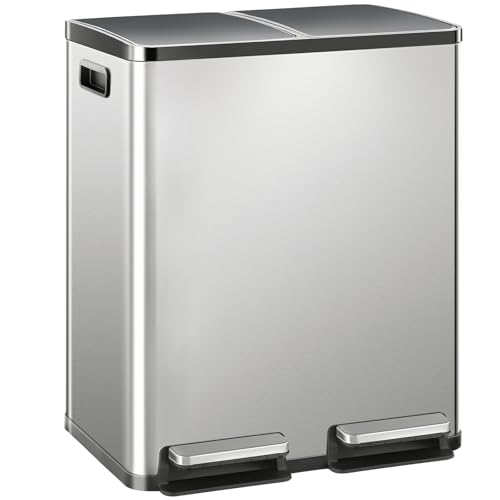 NEWBULIG 16 Gallon Dual Compartment Kitchen Trash Can, Stainless Steel, 60L