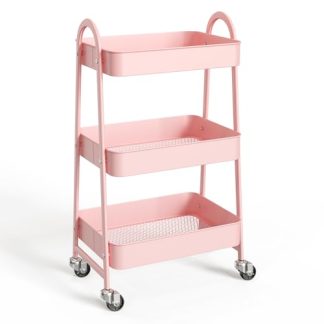 NEWBULIG 3-Tier Metal Rolling Cart with Lockable Wheels, Heavy Duty Mobile Utility Storage Shelf, Roller Book Snack Cart, Organization for Livingroom, Bathroom, Office, Pink