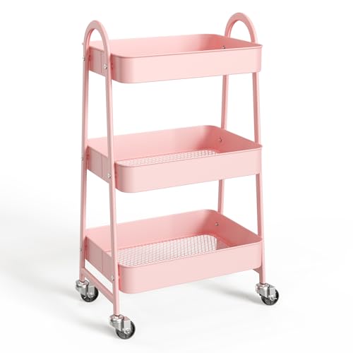 NEWBULIG 3-Tier Metal Rolling Cart with Lockable Wheels, Heavy Duty Mobile Utility Storage Shelf, Roller Book Snack Cart, Organization for Livingroom, Bathroom, Office, Pink