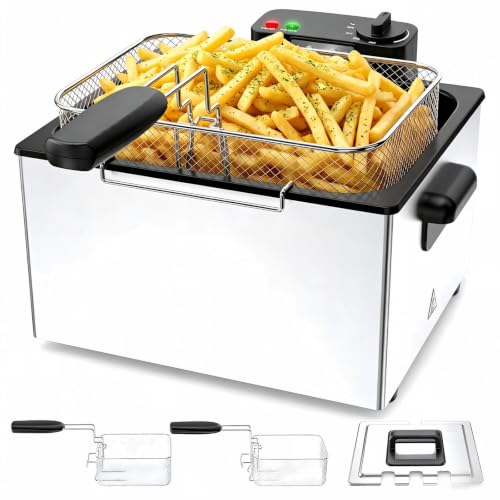 NEWBULIG Deep Fryer with Basket, 5 Liter Electric Deep Fryer with 1800W Power, Adjustable Temperature, Lid with Viewing Window for Fried Chicken, Shrimp, French Fries, Silver