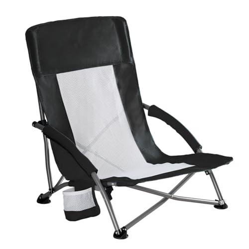 NEWBULIG Folding Camping Beach Chair for Adults, Low Profile Lawn Chair with Cup Holders & Carry Bag, Extra Wide Seat and High Back, Portable for Beach, Outdoors, Travel & Concerts, Black