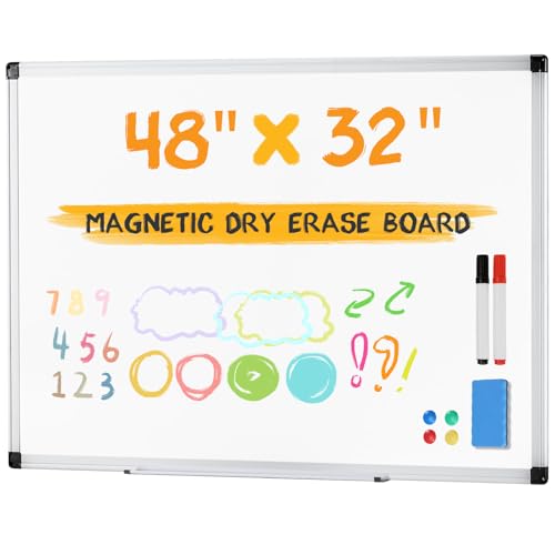 NEWBULIG White Board, 48 x 32 Inch Magnetic Dry Erase Board for Wall with 1 Dry Eraser & 2 Multi-Color Markers & 4 Magnetic Pins, Silver Aluminum Frame for Office, Home, School