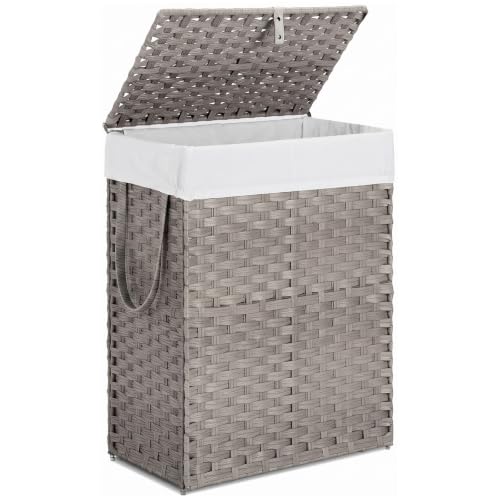 NEWBULIG 90L Large Laundry Hamper with Lid, Collapsible Dirty Clothes Basket Bag, Freestanding Fabric Bin for Bedroom, Bathroom, Closet and Dorm Room Organization, Grey