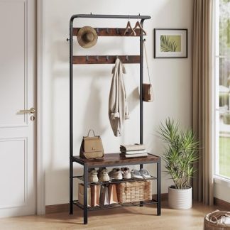 NEWBULIG Coat Rack, Hall Tree with Shoe Bench, 4-in-1 Entryway Organizer with 10 Hooks and Storage Shelf, Rustic Wood Entryway Bench for Mudroom, Living Room, Bedroom, Brown