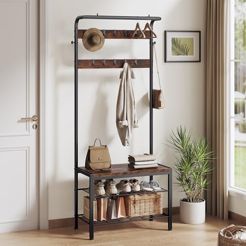 NEWBULIG Coat Rack, Hall Tree with Shoe Bench, 4-in-1 Entryway Organizer with 10 Hooks and Storage Shelf, Rustic Wood Entryway Bench for Mudroom, Living Room, Bedroom, Brown
