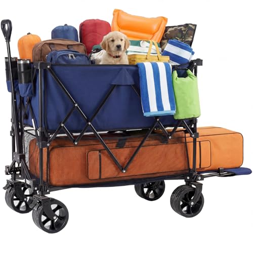 NEWBULIG Double Decker Foldable Wagon Cart Heavy Duty, 440lbs, Blue