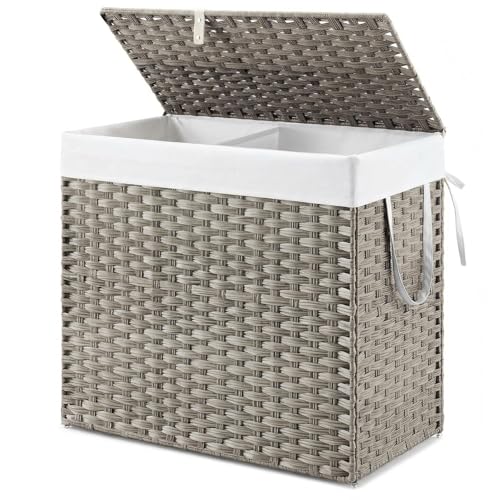 NEWBULIG Laundry Hamper with Lid, 29 Gallon (110L) Wicker Clothes Basket, Double Woven Clothes Basket Organizer for Bedroom, Bathroom & Laundry Room, Grey
