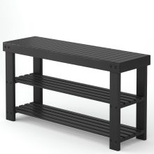 Shoe Rack Bench, 3-Tier Bamboo Shoe Organizer, Wooden Entryway Storage Bench, 286 lb Load Capacity, 11.2×27.6×17.9 Inches, for Entryway Bathroom Bedroom Balcony, Black - view 1 of 6 | NEWBULIG