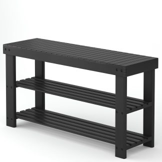 Shoe Rack Bench, 3-Tier Bamboo Shoe Organizer, Wooden Entryway Storage Bench, 286 lb Load Capacity, 11.2×27.6×17.9 Inches, for Entryway Bathroom Bedroom Balcony, Black - Black | NEWBULIG