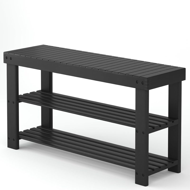 Shoe Rack Bench, 3-Tier Bamboo Shoe Organizer, Wooden Entryway Storage Bench, 286 lb Load Capacity, 11.2×27.6×17.9 Inches, for Entryway Bathroom Bedroom Balcony, Black - view 1 of 6 | NEWBULIG