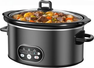 Slow Cooker 6 Quart, Large Slow Cooker, Ceramic Nonstick Coating, 3 Adjustable Temp Multi Cookers with Dishwasher Safe Stoneware Pot & Tempered Glass Lid, 35in Tangle Free Cord Wrap, Black - Jet Black | NEWBULIG