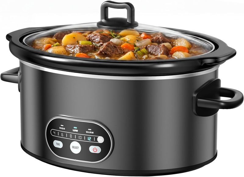 Slow Cooker 6 Quart, Large Slow Cooker, Ceramic Nonstick Coating, 3 Adjustable Temp Multi Cookers with Dishwasher Safe Stoneware Pot & Tempered Glass Lid, 35in Tangle Free Cord Wrap, Black - view 1 of 6 | NEWBULIG