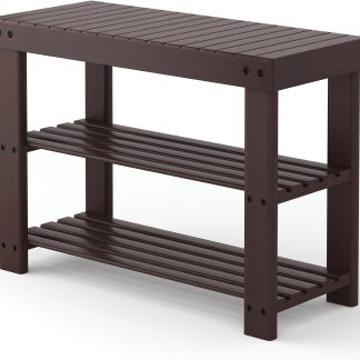 Shoe Rack Bench, 3-Tier Bamboo Shoe Organizer, Wooden Entryway Storage Bench, 286 lb Load Capacity, 11.2×27.6×17.9 Inches, for Entryway Bathroom Bedroom Balcony, Black - Brown | NEWBULIG