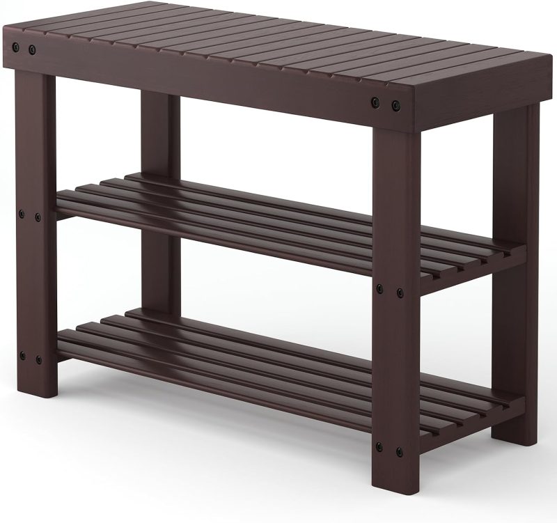Shoe Rack Bench, 3-Tier Bamboo Shoe Organizer, Wooden Entryway Storage Bench, 286 lb Load Capacity, 11.2×27.6×17.9 Inches, for Entryway Bathroom Bedroom Balcony, Black - view 1 of 6 | NEWBULIG