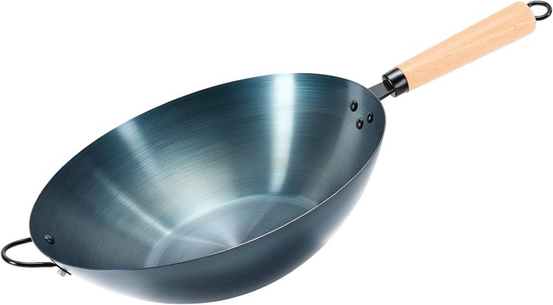 13.5 Inch Carbon Steel Wok Pan, Pre-Seasoned Flat Bottom Wok for Stir Fry, BBQ, Grill & Camping, Compatible with Induction, Electric, Gas and Open Fire, Black - view 1 of 6 | NEWBULIG