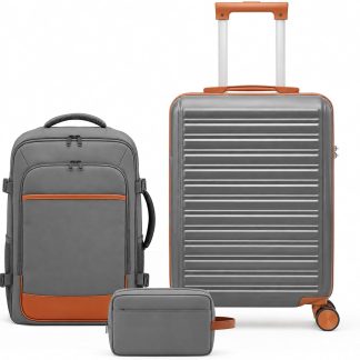 Luggage Set 3 Piece, 20in Carry On Suitcase With Backpack - Grey Brown | NEWBULIG