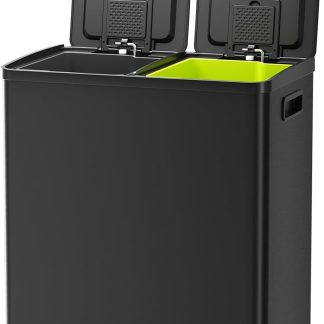 16 Gallon Dual Compartment Kitchen Trash Can, Stainless Steel, 60L - Matte Black | NEWBULIG