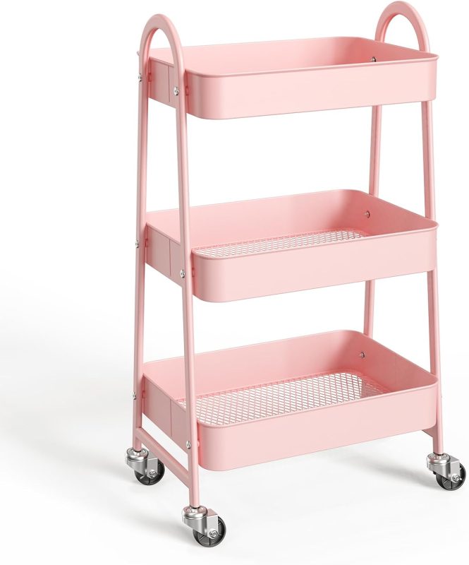 3-Tier Metal Rolling Cart with Lockable Wheels, Heavy Duty Mobile Utility Storage Shelf, Roller Book Snack Cart, Organization for Livingroom, Bathroom, Office, Pink - view 1 of 6 | NEWBULIG