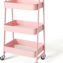 3-Tier Metal Rolling Cart with Lockable Wheels, Heavy Duty Mobile Utility Storage Shelf, Roller Book Snack Cart, Organization for Livingroom, Bathroom, Office, Pink - view 1 of 6 | NEWBULIG