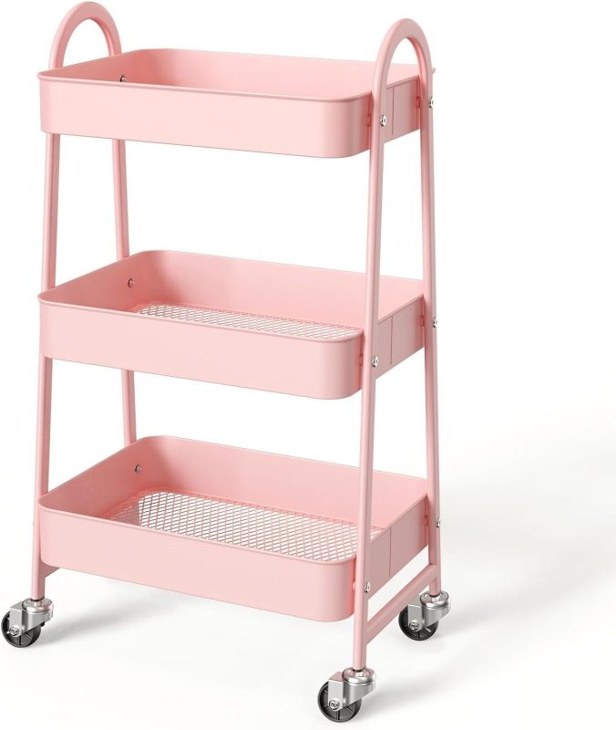 3-Tier Metal Rolling Cart with Lockable Wheels, Heavy Duty Mobile Utility Storage Shelf, Roller Book Snack Cart, Organization for Livingroom, Bathroom, Office, Pink - view 1 of 6 | NEWBULIG
