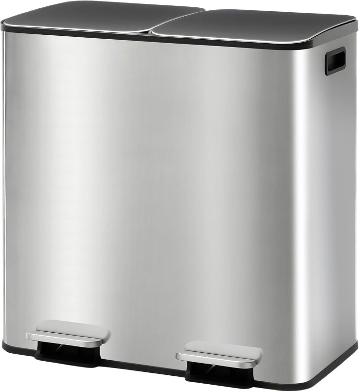 16 Gallon Dual Compartment Kitchen Trash Can, Stainless Steel, 60L - view 1 of 6 | NEWBULIG