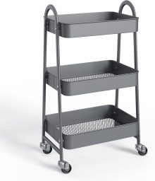 3-Tier Metal Rolling Cart with Lockable Wheels, Heavy Duty Mobile Utility Storage Shelf, Roller Book Snack Cart, Organization for Livingroom, Bathroom, Office, Pink - view 1 of 6 | NEWBULIG
