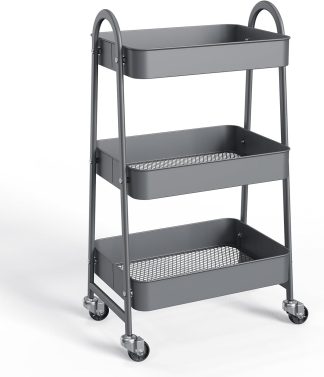 3-Tier Metal Rolling Cart with Lockable Wheels, Heavy Duty Mobile Utility Storage Shelf, Roller Book Snack Cart, Organization for Livingroom, Bathroom, Office, Pink - Gray | NEWBULIG