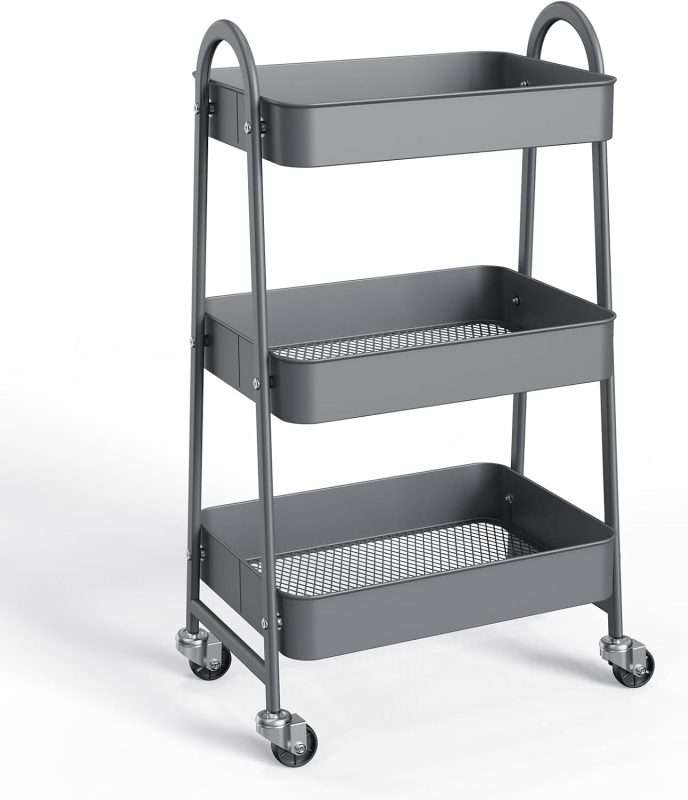 3-Tier Metal Rolling Cart with Lockable Wheels, Heavy Duty Mobile Utility Storage Shelf, Roller Book Snack Cart, Organization for Livingroom, Bathroom, Office, Pink - view 1 of 6 | NEWBULIG