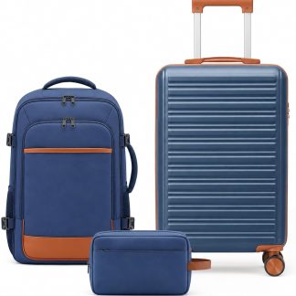 Luggage Set 3 Piece, 20in Carry On Suitcase With Backpack - Blue Brown | NEWBULIG