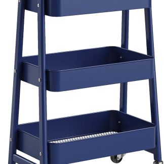 3-Tier Metal Rolling Cart with Lockable Wheels, Heavy Duty Mobile Utility Storage Shelf, Roller Book Snack Cart, Organization for Livingroom, Bathroom, Office, Pink - Blue | NEWBULIG