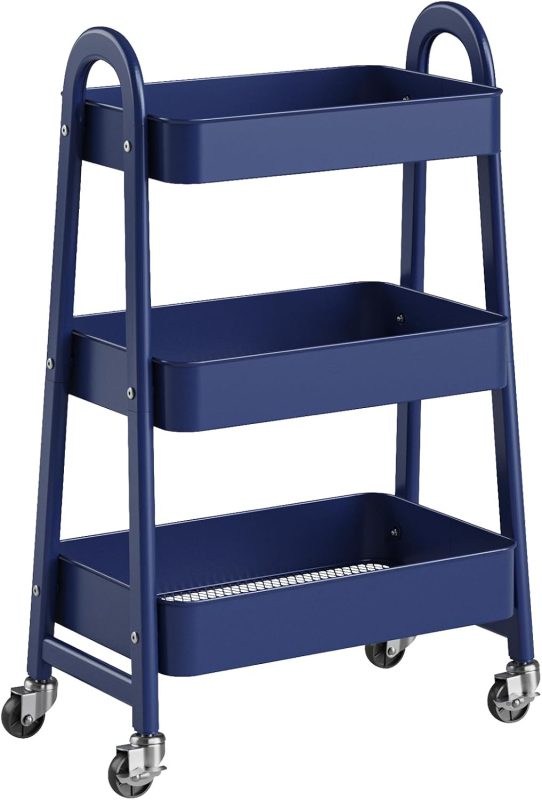 3-Tier Metal Rolling Cart with Lockable Wheels, Heavy Duty Mobile Utility Storage Shelf, Roller Book Snack Cart, Organization for Livingroom, Bathroom, Office, Pink - view 1 of 6 | NEWBULIG