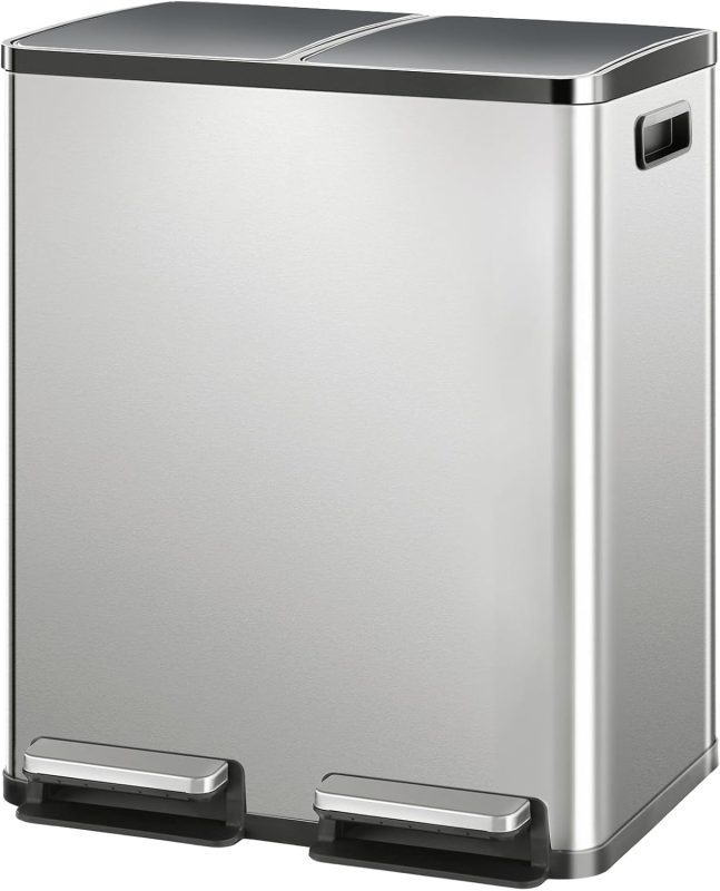 16 Gallon Dual Compartment Kitchen Trash Can, Stainless Steel, 60L - view 1 of 6 | NEWBULIG