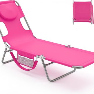 Beach Lounge Chair Outdoor, Tanning Chair with Face Hole, Pink - Bright Pink | NEWBULIG