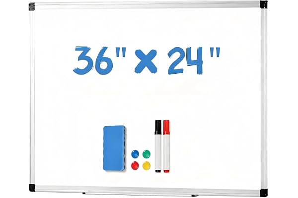 NEWBULIG White Board, 36 x 24 Inch Magnetic Dry Erase Board for Wall with 1 Dry Eraser & 2 Multi-Color Markers & 4 Magnetic Pins, Silver Aluminum Frame for Office, Home, School, White