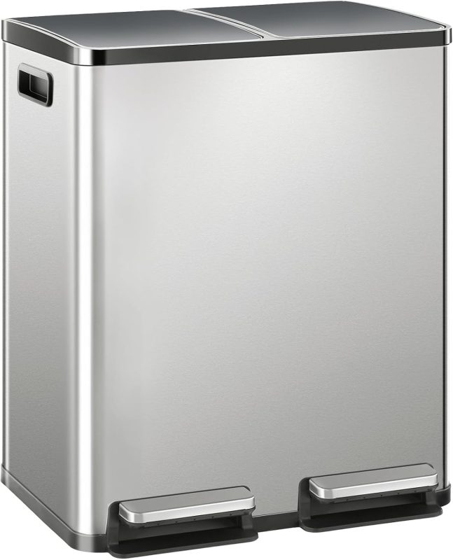 16 Gallon Dual Compartment Kitchen Trash Can, Stainless Steel, 60L - view 1 of 6 | NEWBULIG