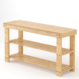 Shoe Rack Bench, 3-Tier Bamboo Shoe Organizer, Wooden Entryway Storage Bench, 286 lb Load Capacity, 11.2×27.6×17.9 Inches, for Entryway Bathroom Bedroom Balcony, Black - Wood | NEWBULIG