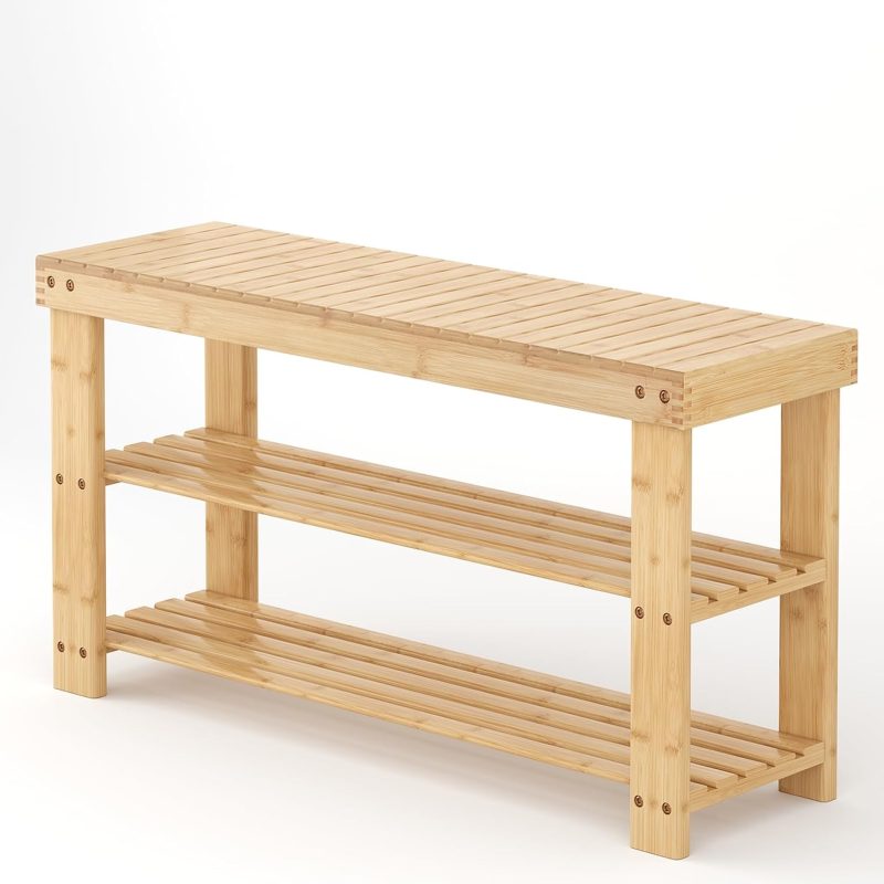 Shoe Rack Bench, 3-Tier Bamboo Shoe Organizer, Wooden Entryway Storage Bench, 286 lb Load Capacity, 11.2×27.6×17.9 Inches, for Entryway Bathroom Bedroom Balcony, Black - view 1 of 6 | NEWBULIG