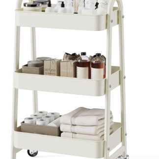 3-Tier Metal Rolling Cart with Lockable Wheels, Heavy Duty Mobile Utility Storage Shelf, Roller Book Snack Cart, Organization for Livingroom, Bathroom, Office, Pink - White | NEWBULIG