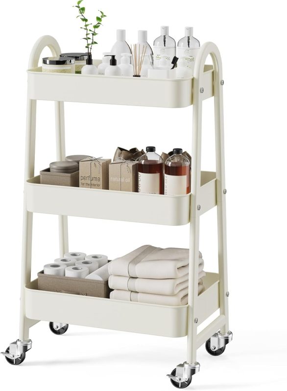 3-Tier Metal Rolling Cart with Lockable Wheels, Heavy Duty Mobile Utility Storage Shelf, Roller Book Snack Cart, Organization for Livingroom, Bathroom, Office, Pink - view 1 of 6 | NEWBULIG