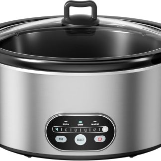 Slow Cooker 6 Quart, Large Slow Cooker, Ceramic Nonstick Coating, 3 Adjustable Temp Multi Cookers with Dishwasher Safe Stoneware Pot & Tempered Glass Lid, 35in Tangle Free Cord Wrap, Black - Classic Silver | NEWBULIG