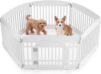 Dog Playpen 4-Panel, 24IN Puppy Playpen, Stable Dog Play Pen Indoors/Outdoor with Secure Locking Door, Plastic Pet Fence for Small & Medium Dogs - White | NEWBULIG
