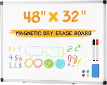 White Board, 48 x 32 Inch Magnetic Dry Erase Board for Wall with 1 Dry Eraser & 2 Multi-Color Markers & 4 Magnetic Pins, Silver Aluminum Frame for Office, Home, School - view 1 of 6 | NEWBULIG