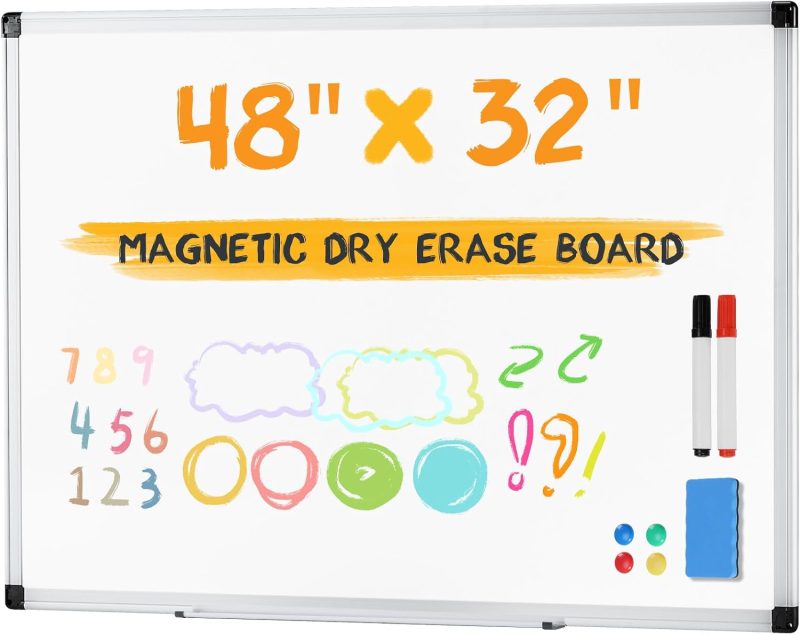 White Board, 36 x 24 Inch Magnetic Dry Erase Board for Wall with 1 Dry Eraser & 2 Multi-Color Markers & 4 Magnetic Pins, Silver Aluminum Frame for Office, Home, School, White - view 1 of 6 | NEWBULIG