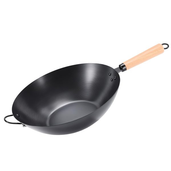 NEWBULIG 13.5 Inch Carbon Steel Wok Pan, Pre-Seasoned Flat Bottom Wok for Stir Fry, BBQ, Grill & Camping, Compatible with Induction, Electric, Gas and Open Fire, Black
