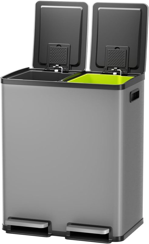 16 Gallon Dual Compartment Kitchen Trash Can, Stainless Steel, 60L - view 1 of 6 | NEWBULIG