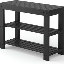 Shoe Rack Bench, 3-Tier Bamboo Shoe Organizer, Wooden Entryway Storage Bench, 286 lb Load Capacity, 11.2×27.6×17.9 Inches, for Entryway Bathroom Bedroom Balcony, Black - view 1 of 6 | NEWBULIG