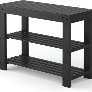 Shoe Rack Bench, 3-Tier Bamboo Shoe Organizer, Wooden Entryway Storage Bench, 286 lb Load Capacity, 11.2×27.6×17.9 Inches, for Entryway Bathroom Bedroom Balcony, Black - Black | NEWBULIG