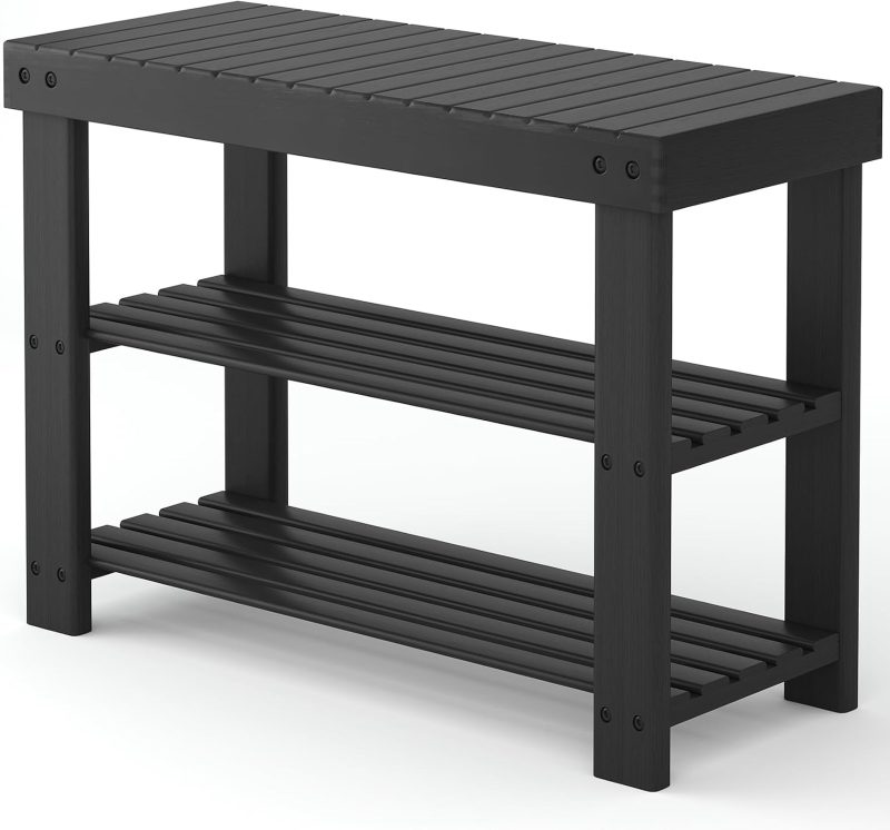 Shoe Rack Bench, 3-Tier Bamboo Shoe Organizer, Wooden Entryway Storage Bench, 286 lb Load Capacity, 11.2×27.6×17.9 Inches, for Entryway Bathroom Bedroom Balcony, Black - view 1 of 6 | NEWBULIG