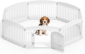 Dog Playpen 4-Panel, 24IN Puppy Playpen, Stable Dog Play Pen Indoors/Outdoor with Secure Locking Door, Plastic Pet Fence for Small & Medium Dogs - White | NEWBULIG