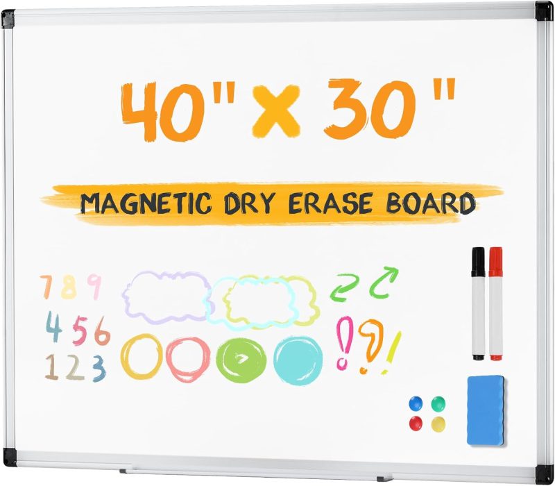 White Board, 48 x 32 Inch Magnetic Dry Erase Board for Wall with 1 Dry Eraser & 2 Multi-Color Markers & 4 Magnetic Pins, Silver Aluminum Frame for Office, Home, School - view 1 of 6 | NEWBULIG